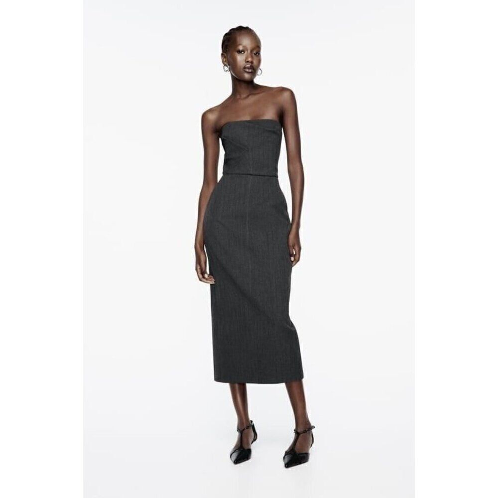 Zara Womens Midi Dress L Gray Strapless Back Slit Lined 8592/807 NWT